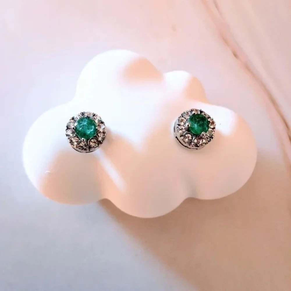 Emerald & White Topaz Sterling Silver Halo Stud Earrings